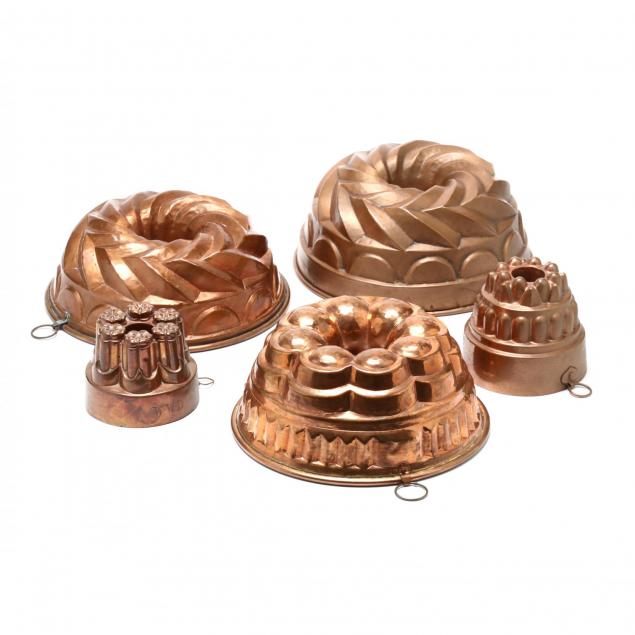 five-vintage-copper-bundt-cake-molds