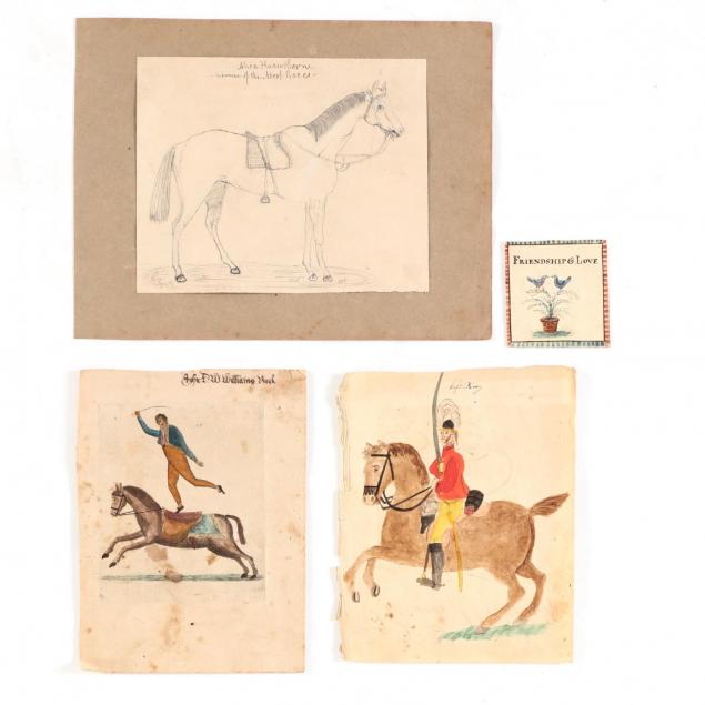 three-19th-century-equestrian-drawings-and-a-sentimental-panel