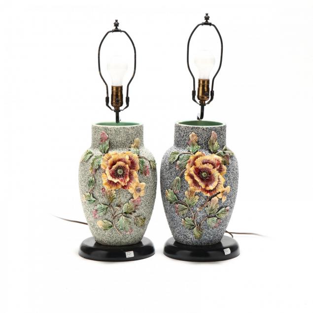 a-pair-of-antique-sanded-majolica-vases-with-lamp-stands