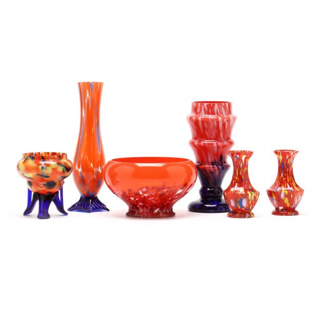 six-czech-spatter-glass-vases