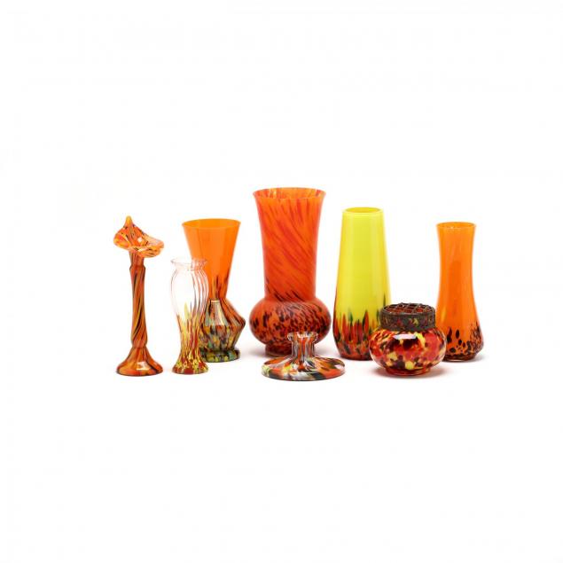 eight-pieces-of-halloween-colored-czech-spatter-art-glass