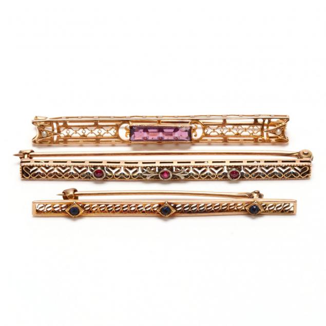 three-10kt-gold-gem-set-bar-brooches