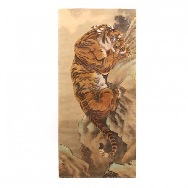 japanese-painting-on-silk-of-a-tiger-with-cub