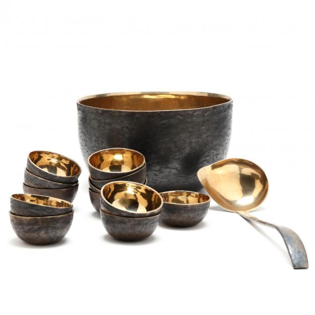 modernist-hammered-brass-punch-bowl-set
