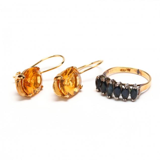 14kt-gold-and-gem-set-ring-and-earrings