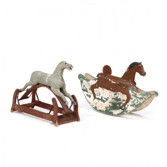 two-antique-carved-and-painted-wood-rocking-horses