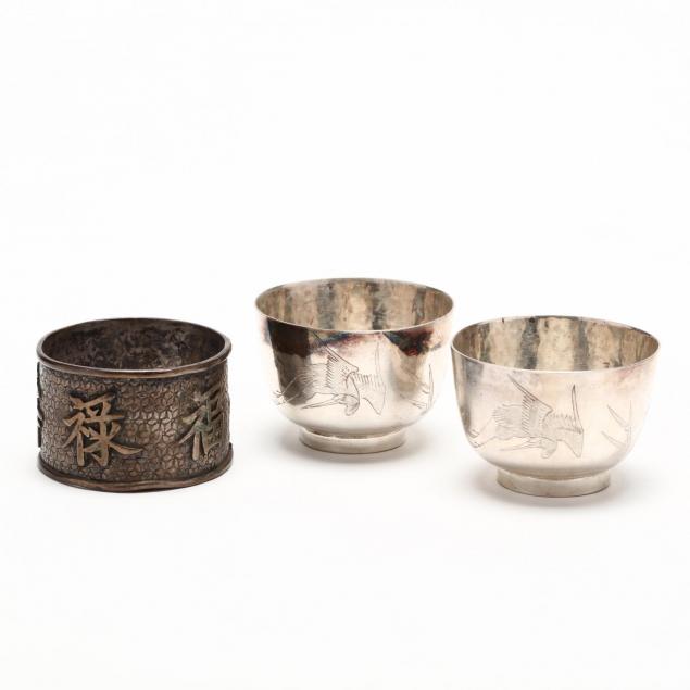 two-japanese-silver-sake-cups-and-a-chinese-silver-napkin-ring