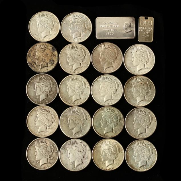 eighteen-circulated-peace-dollars-and-a-silver-bar