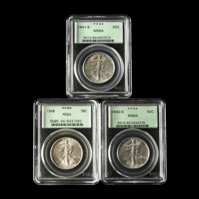 three-early-1940s-walking-liberty-half-dollars-all-pcgs-ms64