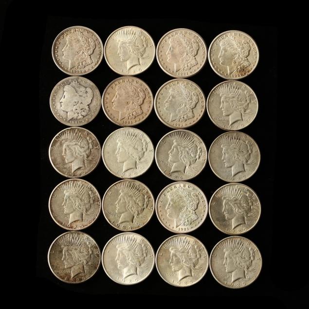 twenty-circulated-mixed-date-mint-peace-and-morgan-silver-dollars