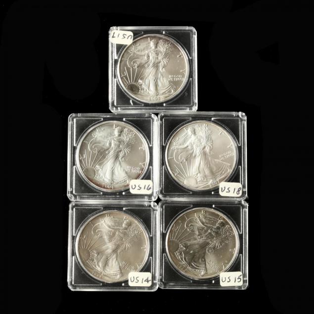 five-different-bu-1-american-silver-eagles