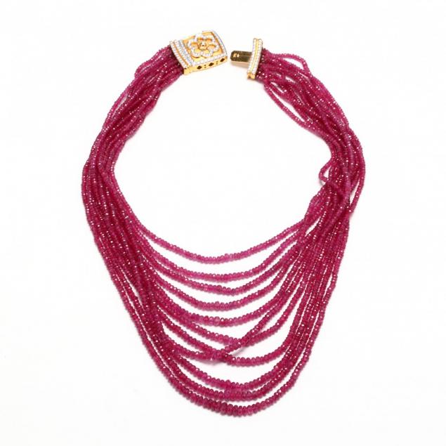 18kt-gold-multi-strand-ruby-and-diamond-necklace