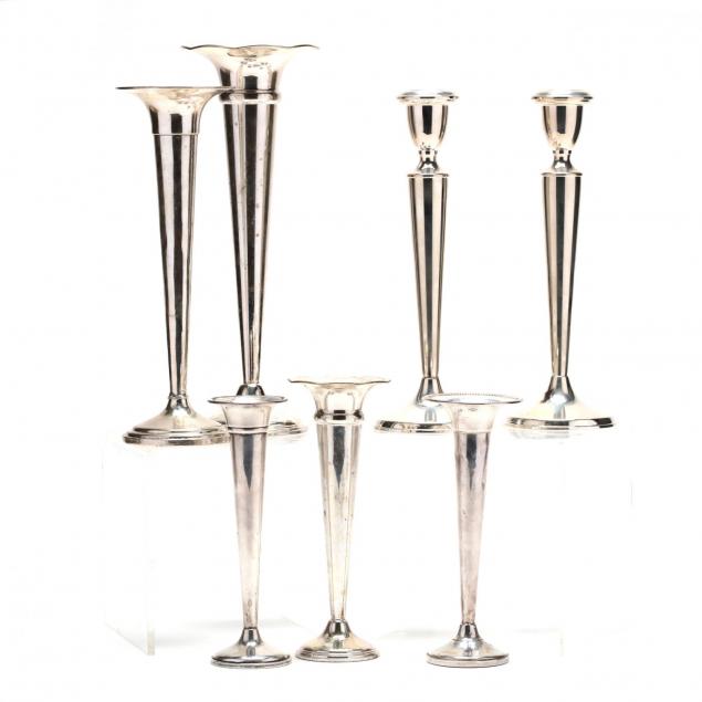 five-sterling-silver-vases-and-a-pair-of-sterling-silver-candlesticks