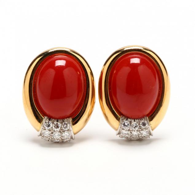 18kt-gold-red-coral-and-diamond-ear-clips