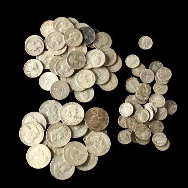 mixed-group-of-circulated-pre-1965-90-silver-coins