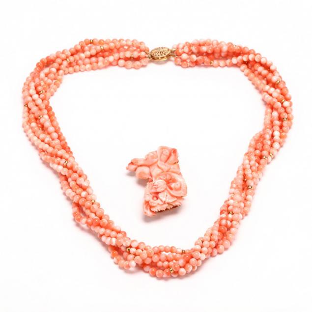 14kt-multi-strand-coral-necklace-with-a-carved-coral-brooch-pendant