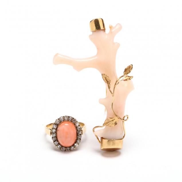 an-18kt-coral-and-diamond-ring-and-an-18kt-coral-brooch