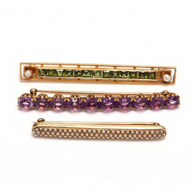 three-vintage-14kt-gold-and-gem-set-bar-brooches