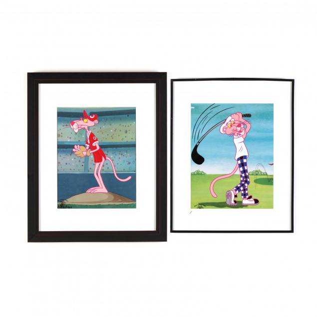 two-mgm-studios-sericels-the-pink-panther-playing-baseball-and-golf