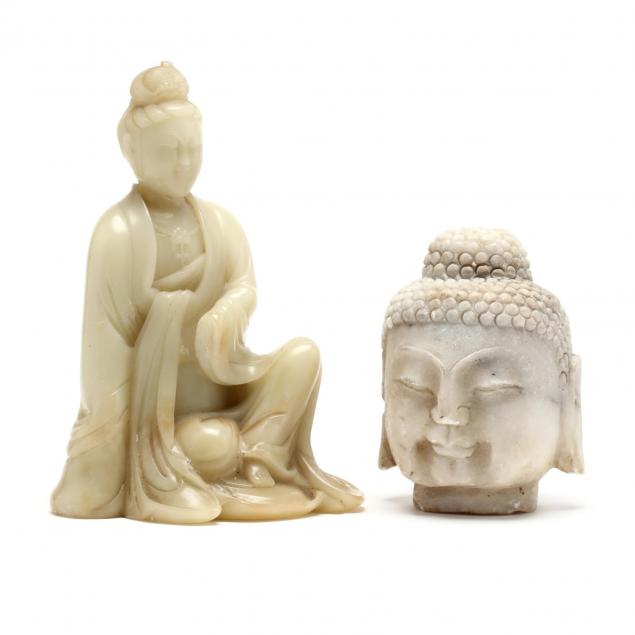 a-marble-head-of-a-buddha-and-a-soapstone-sculpture-of-guanyin