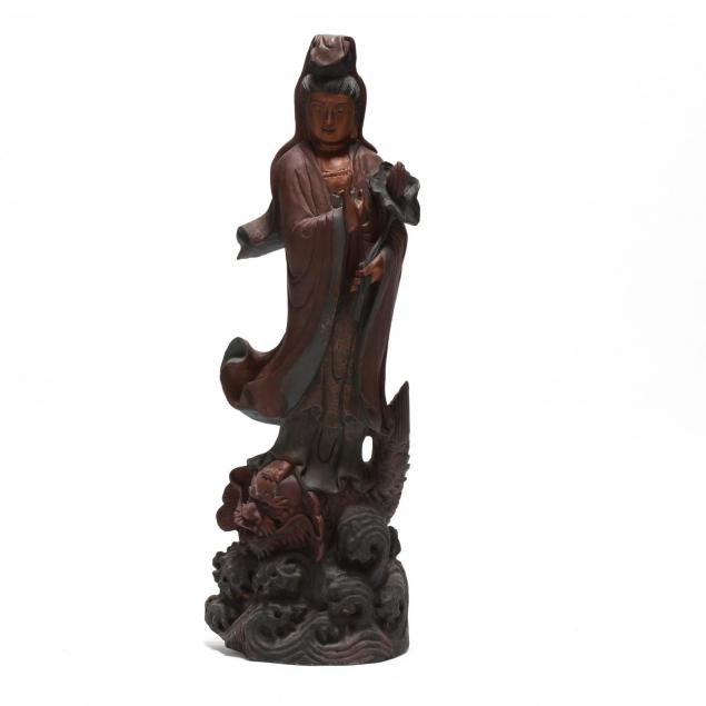 a-standing-carved-wooden-lacquered-statue-of-guanyin