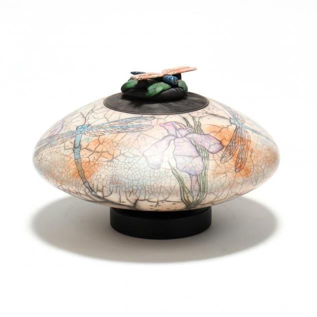 kate-and-will-jacobson-nc-large-dragonfly-decorated-raku-pottery-vessel