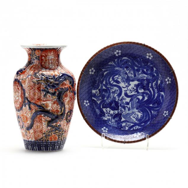 a-japanese-imari-vase-and-transferware-porcelain-plate