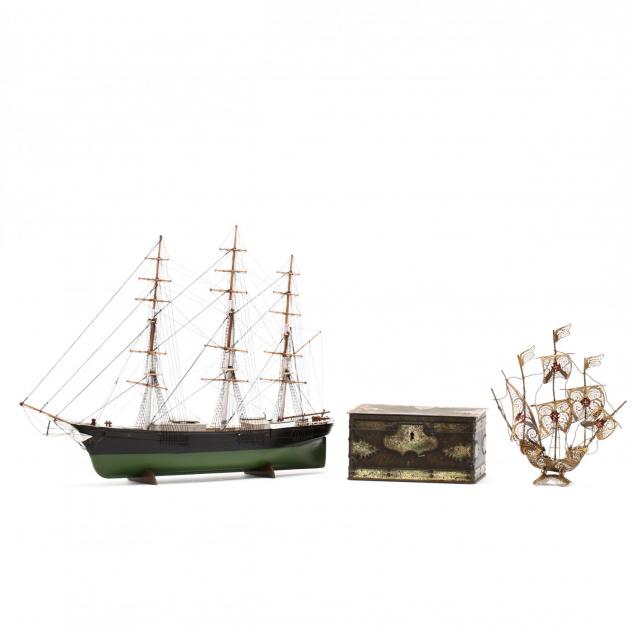 two-vintage-ship-models-and-a-treasure-chest-tin