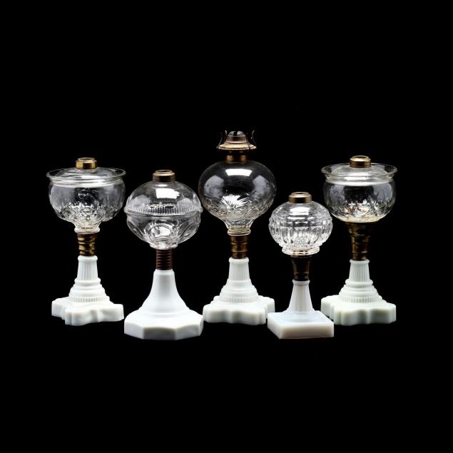 five-antique-milk-glass-oil-lamps