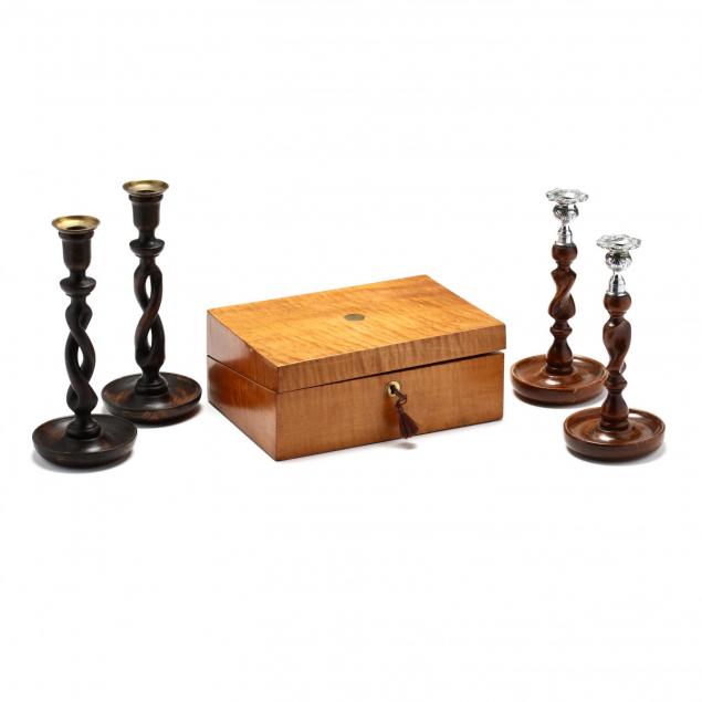 antique-tiger-maple-lap-desk-and-candlesticks