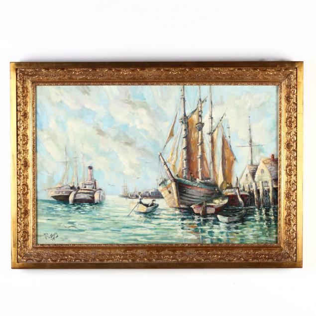 vintage-continental-school-painting-of-a-busy-harbor