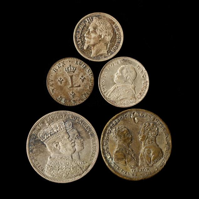 four-european-silver-coins-and-a-russian-silvered-jeton