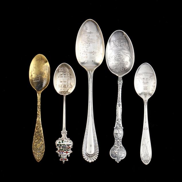 five-sterling-silver-silverplate-souvenir-spoons