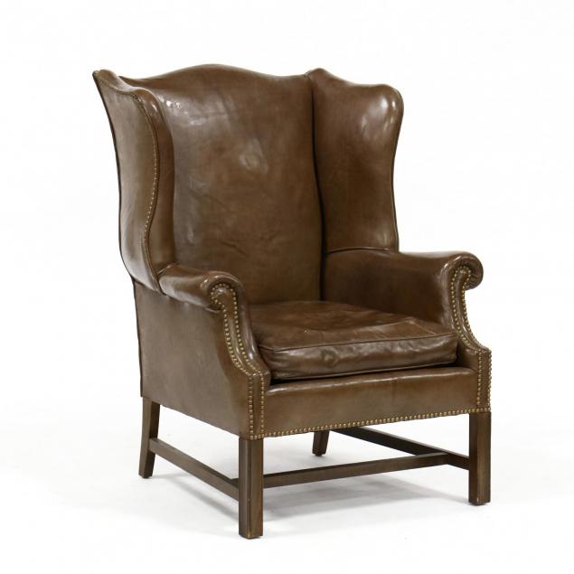 chippendale-style-leather-upholstered-wing-back-chair