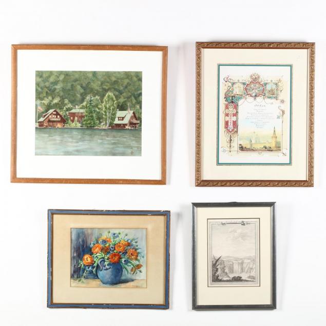 group-of-4-framed-prints-and-watercolors