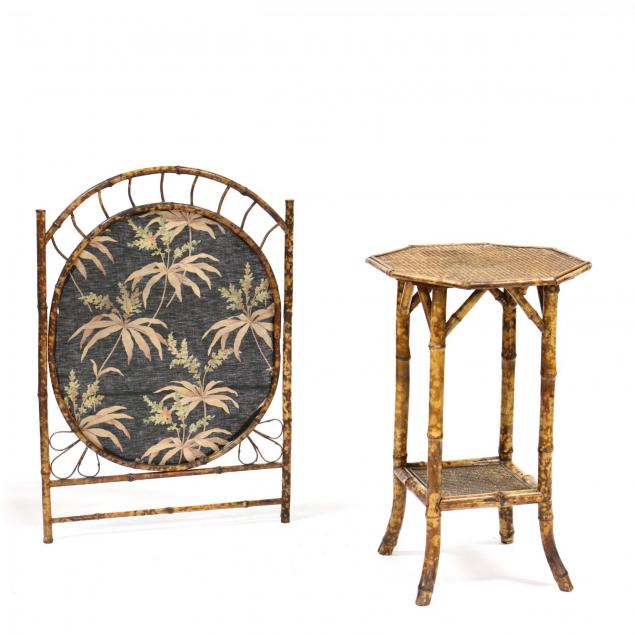 antique-burnt-bamboo-fire-screen-and-side-table