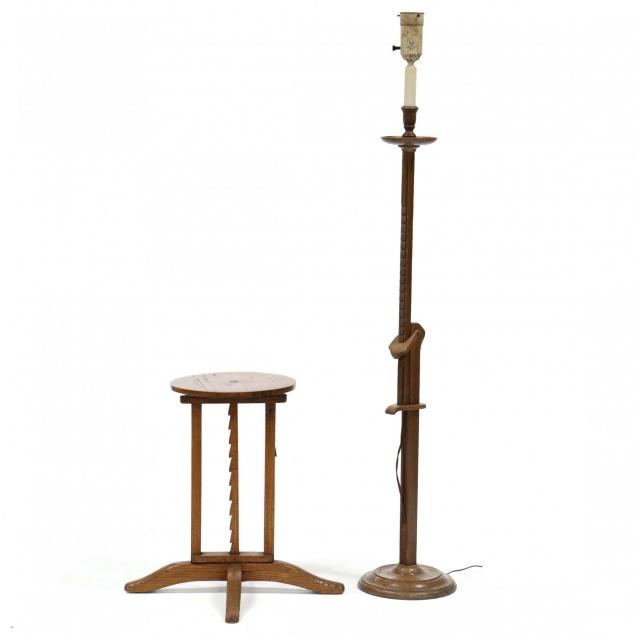 vintage-oak-ratcheting-side-table-and-floor-lamp