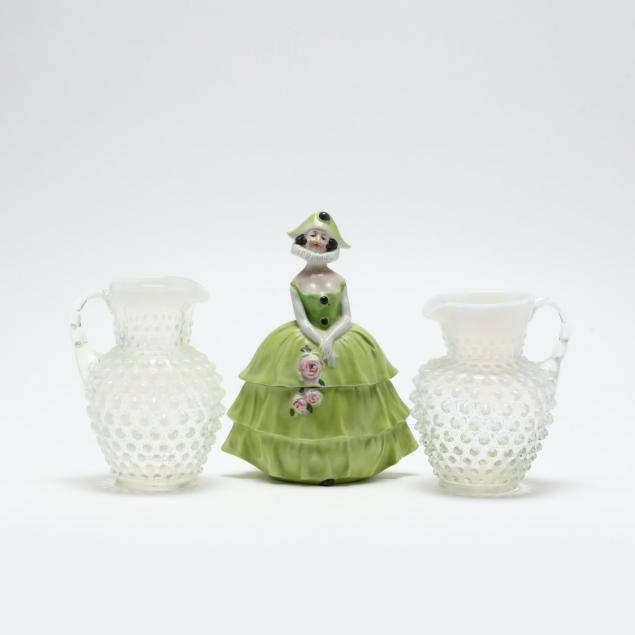 pair-of-hobnail-pitchers-and-dresser-jar