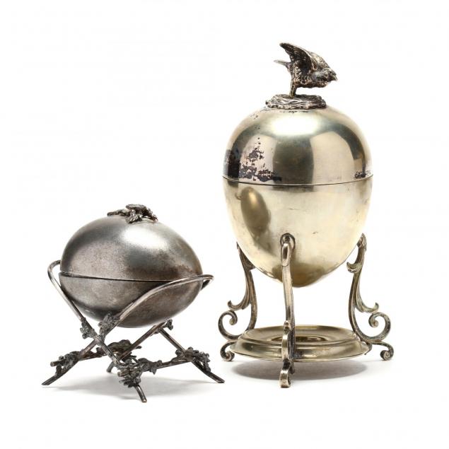 two-antique-silverplate-egg-form-servers