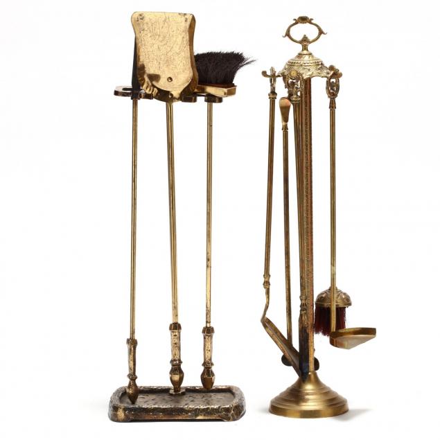 two-sets-of-vintage-brass-fireplace-tools