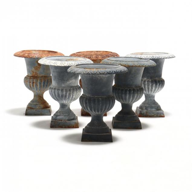 six-diminutive-cast-iron-classical-style-garden-urns
