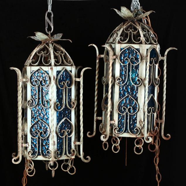 pair-of-spanish-renaissance-style-iron-and-glass-hanging-lights