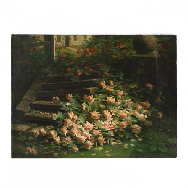 an-antique-american-school-painting-of-roses-in-an-architectural-landscape