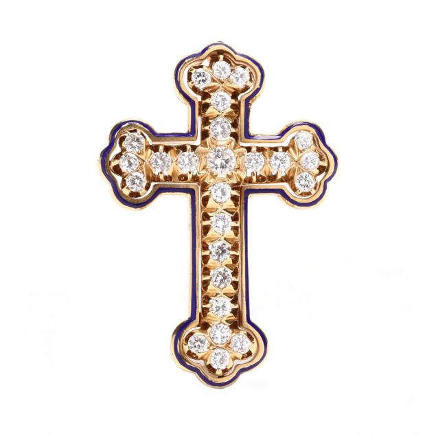 vintage-14kt-gold-diamond-and-enamel-cross-brooch-pendant
