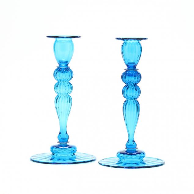steuben-pair-of-blue-glass-candlesticks