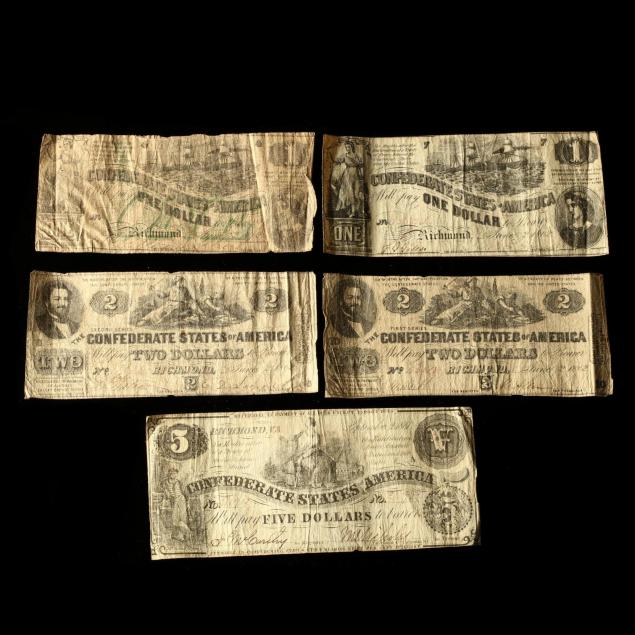 five-circulated-early-war-confederate-notes