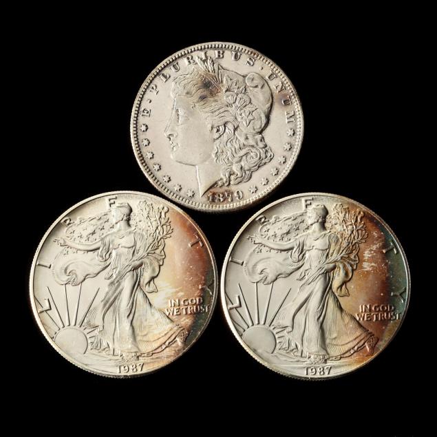 1879-s-morgan-silver-dollar-and-two-1987-american-silver-eagles