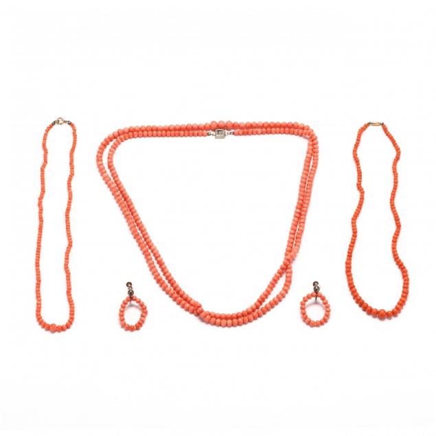 three-coral-necklaces-and-a-pair-of-coral-earrings