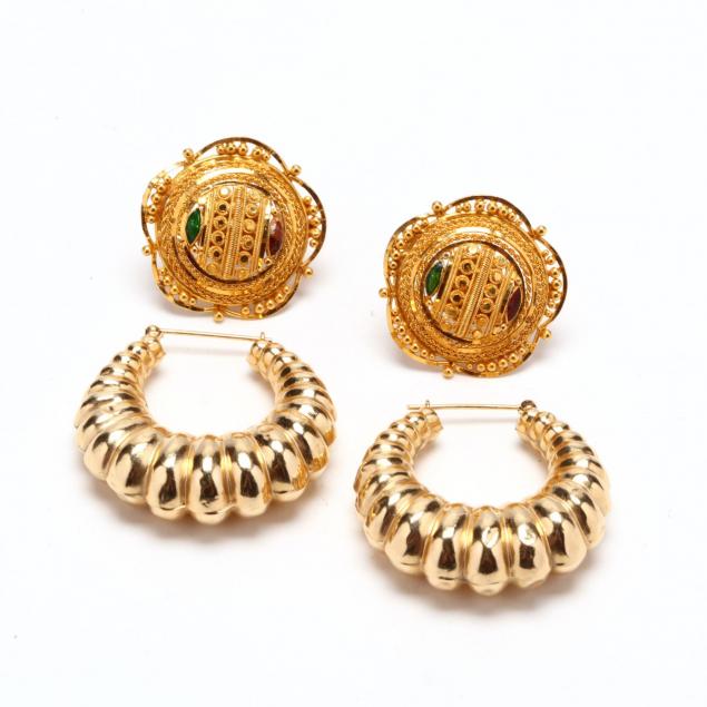 a-pair-of-high-karat-gold-earrings-and-a-pair-of-14kt-hoop-earrings