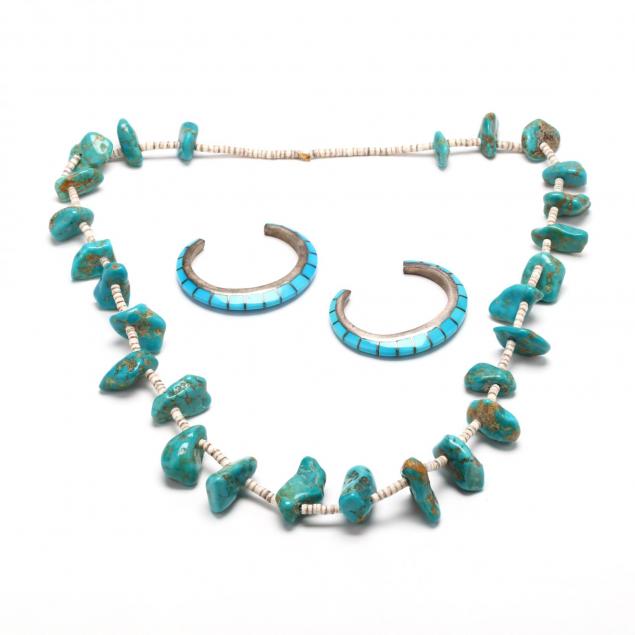 turquoise-bead-necklace-and-two-silver-turquoise-bracelets